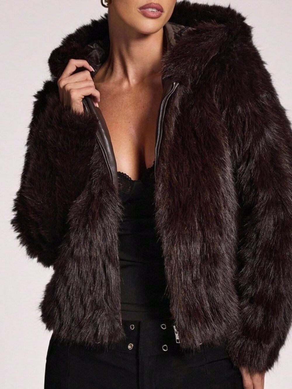 Brown Casual Women's Faux Leather Aviator Jacket